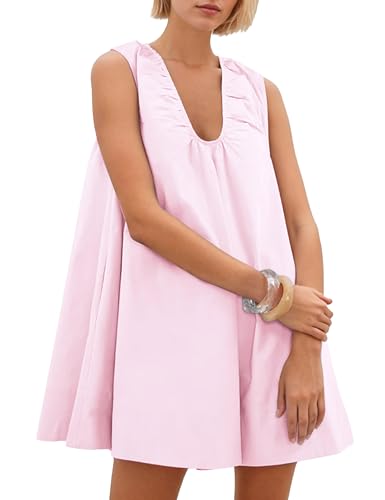 Image of Women's Summer Babydoll Dress Scoop Neck Bubble Mini Dress with Pockets Sleeveless Flowy Tank Preppy Dresses Party