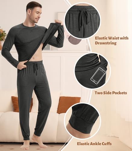 Image of NACHILA Mens Pajamas Set Long Sleeve Henley Sleepwear Top Soft Jogger Pants Pajamas Cool Pjs Set,Viscose Made from Bamboo