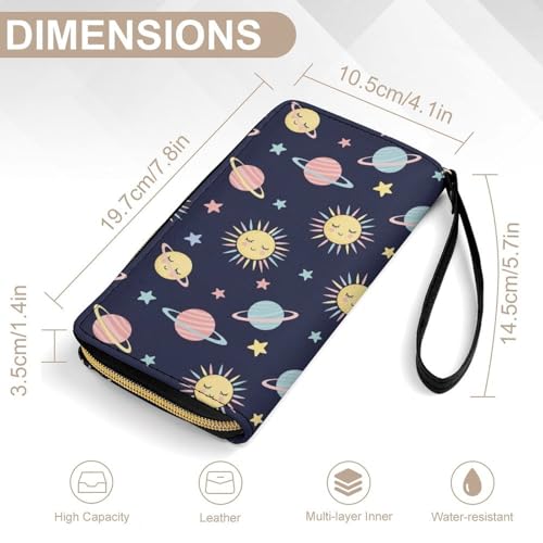 Waterproof Wallet for Women, PU Leather Long Clutch Travel Purse Sun Moon Planet Large Capacity ID Card Holder with Zipper2