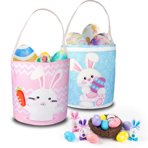 Image of 2 Pcs Easter Egg Baskets for Kids, Easter Eggs Hunt Basket for Kids Empty, Pink Bunny Basket Egg Gifts Bags for Girls Boys Party Favors
