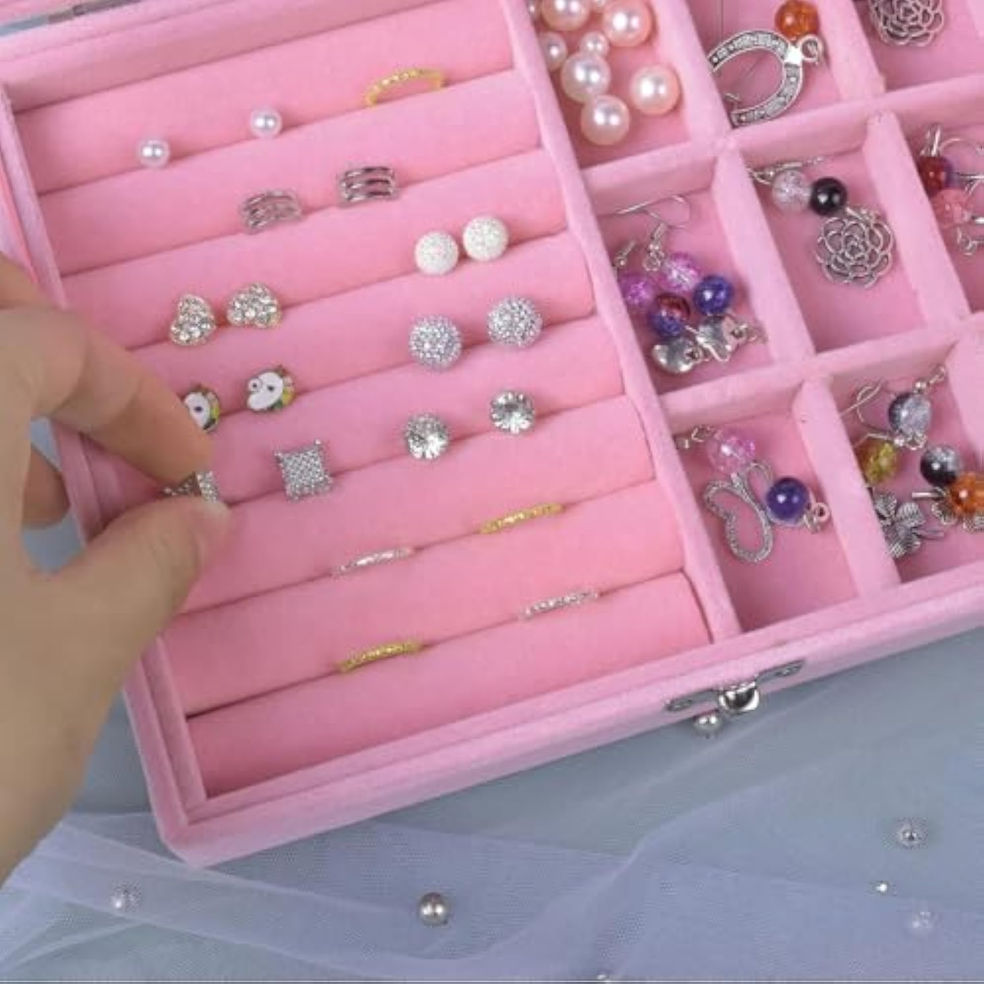 9 Grid Jewellery Organiser Velvet Storage Box