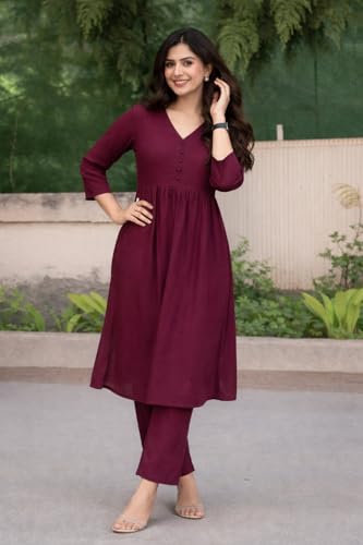 Image of ANILINE Women's V-Neck, Button Front, three-quarter sleeves, Anarkali shape, Empire Waist, Pleated Design Kurta With Pant