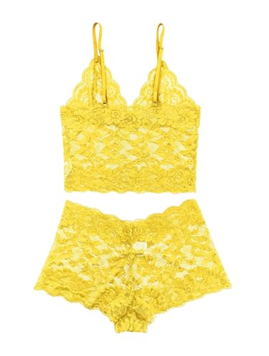 Image of Lilosy Sexy Sheer Floral Lace Pajamas Lingerie Set High Waist Sleepwear Bra and Panty 2 Piece Nightwear
