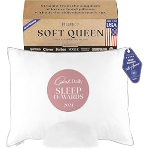 FluffCo Zen Fluff Pillows – Down Alternative Queen Size Pillow – Standard/Queen Bed Pillow for Sleeping Made in USA – Luxury Hotel Pillow – 100% Cotton 300 Thread Count (Soft Queen Size 1 Pack)