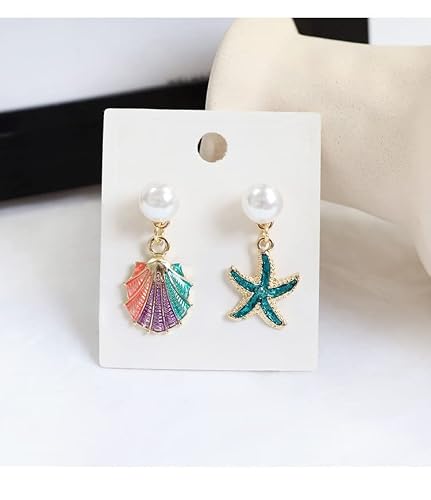Asymmetrical Sea Star/Starfish And Shell Shape Dangle Drop Clip On Stud Earrings For Women Girls，Ocean Nautical Beach Mermaid Jewelry, Lightweight Gifts #TOP5