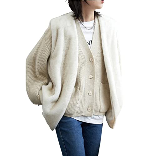 Lsdjgdde Women's Cardigan Korean Loose V-Neck Fold Over Cuffs Knitted Sweaters Female Jumper Long Sleeve Tops Spring Autumn (Color : B, Size : S Code) #TOP5