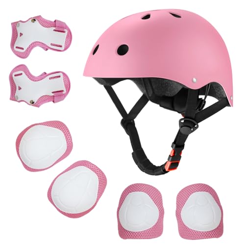Kids Bike Helmet for Ages 2-14, Adjustable Safety Toddler Helmet with Protective Gear Set, Skateboard Scooter Helmets with Knee Elbow Pads Wrist Guards (Pink, Small (for Ages 2-8))