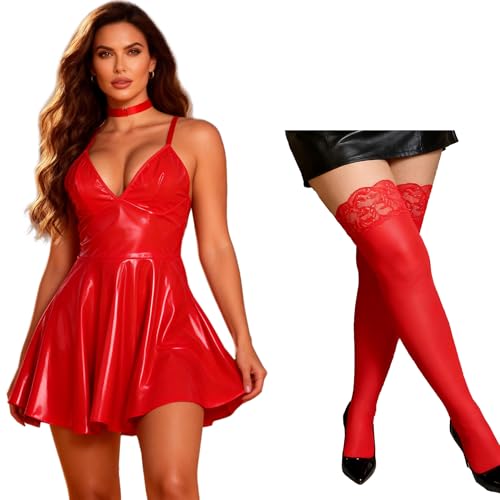 Robe courte clubwear et bas cuir PU pour Halloween et cosplay wetlook