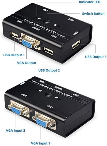 TCNEWCL USB VGA KVM Switch with Cables, 2 Port Selector Switcher for 2PC Sharing 1 Video Monitor and 3 USB Devices, Keyboard, Mouse, Scanner, Printer