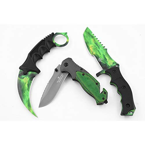 Snake Eye Tactical Triple Set Fixed Blade Mini Huntsman Folding Knife Outdoors Hunting Camping Fishing Self Defense (Green) - Snake Eye Tactical