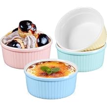 NUTRIUPS Ceramic Ramekins 14oz Oven Safe Set of 4, Porcelain Pudding Cups for Creme Brulee Souffle, Ceramic Ramekins Set for Baking Yellow+Pink+Blue+Mint Green