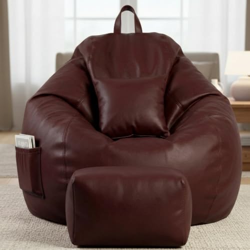 Image of KAM'S LIEU 5XL Luxury Faux Leather Bean Bag with Footrest & Cushion | Pre-Filled High-Density Polystyrene Beans | Premium Leatherette | 6 Months Warranty Color- (Maroon, with Footrest)