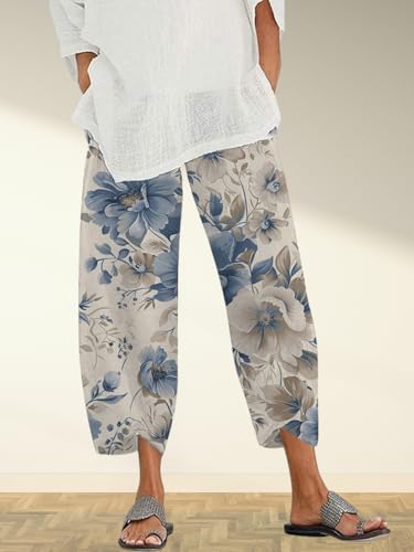 Womens Boho Floral Pants Wide Leg High Waist Trousers Baggy Casual Printed Summer Beach Capri Pants with Pockets2