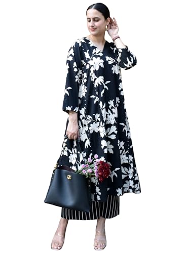 Image of GoSriKi Co Ord Set for Women Viscose Printed | Kurti Set for Woman | Kurta Palazzo Co ord Set | A Line Kurti | V Neck 3 /4 Sleeve Suit Set for Women Stylish Ethnic Outfit Clothing