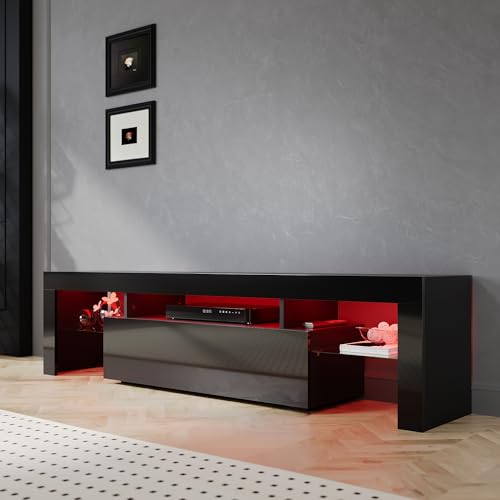 SIRHONA Meuble TV LED Noir, Banc TV 180x35x45cm, Éclairage LED RGB avec Couleur réglable, Capacité de Charge 40 kg, Convient pour Salon ou Chambre