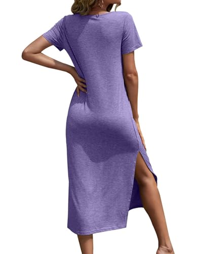 Image of Dyexces Women Summer T Shirt Dress Casual Short Sleeve V Neck Maxi Dresses Loose Side Slit Long Tshirt Dress with Pockets
