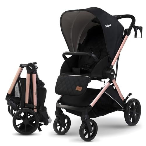 Image of Baybee Baby Stroller Pram for 0-3 Years | Reversible Seat, Canopy, 3-Position Recline, Large Wheels, Lightweight Aluminium Frame | Strollers for Boys & Girls (Black)