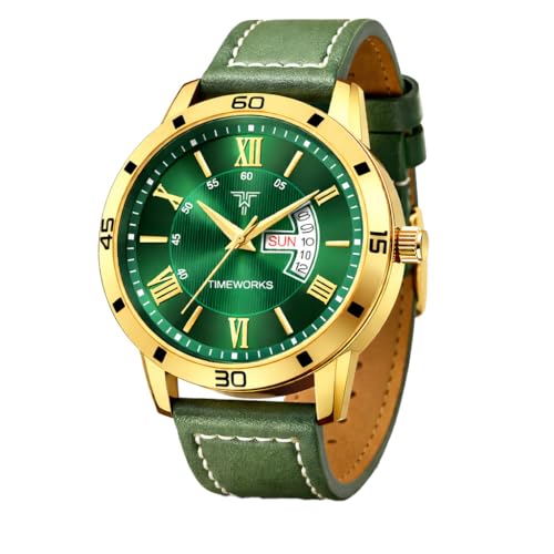 Image of TIMEWORKS Stainless Steel Designer Golden Round Shape Day & Date Dial Men's & Boy's Analog Watch, Band Color:Gold