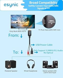 eSynic Portable eARC Audio Extractor-5 ft Long-Integrated Cable Designed-USB Powerd-192KHZ ARC to RCA Audio Adapter-Plug& Play-Only PCM/LPCM 2.0 Formats-Only from HDTV to L/R Stereo Audio System