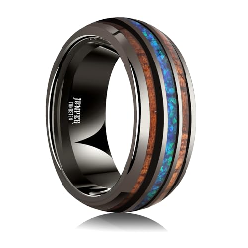 JEWPER 8mm Men Womens Wedding Band Tungsten Rings dark gun black Fashion Promise Carbide Inlaid blue opal koa Matte Finish Edge Comfort Fit Size(7) by JEWPER - Used condition - US$29.99