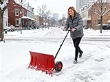 TackView Snow Shovel with Wheels, Heavy Duty Metal Snow Pusher, 29x20 in Blade, 5-Level Handle for Driveway and Sidewalk