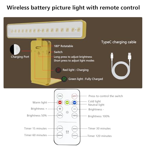 Image of Battery Operated Picture Light, Wireless Painting Light with 3 Lighting Modes,Remote and Dimmable Timer Art Display Light for Picture Artworking Frame Portrait, Wall Decor Puck Lights