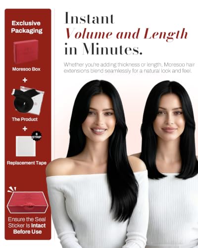 Image of Moresoo Jet Black Tape In Human Hair Extensions, 12 Inch, 40Pcs, 60g | Tape in extensions human hair, fuller density, remy straight texture, flat tabs for short styles and everyday volume