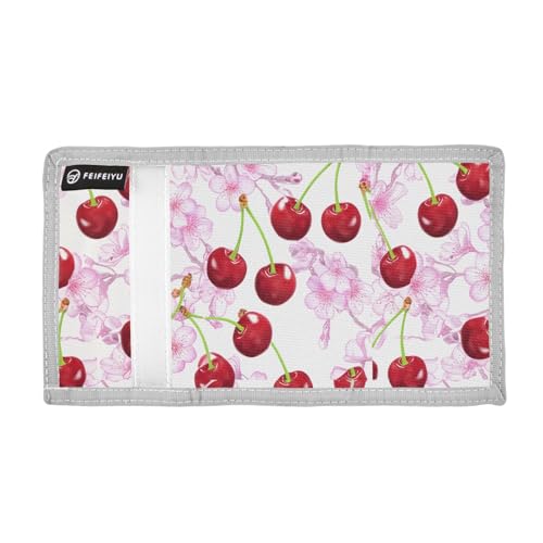 Cherries Blossoms Sweet White Kids Wallet for Boys Girls Outdoor Sport Trifold Wallets for Children Youth Teen Wallet with Zippered Coin Pockets Card Holders Front Pocket Wallets with Magic Sticker2
