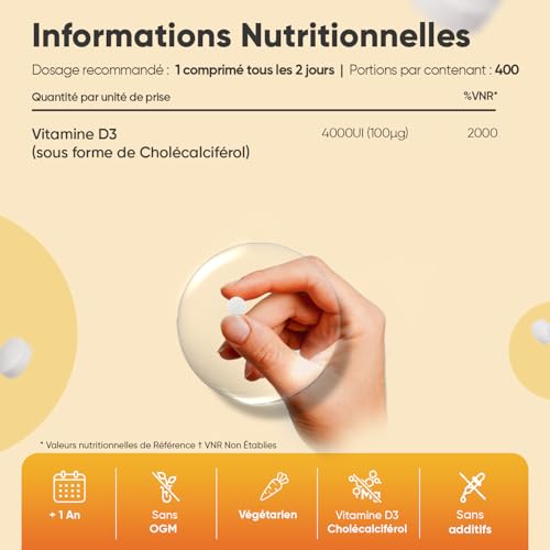 Vitamine D3 4000ui, 400 Micro Comprimés pour plus d'1 An d'Approvisionnement, Vit D Cholécalciférol Végétarien sans Stéarate de Magnésium, 1 Comprimé tous les 2 Jours – Image 4