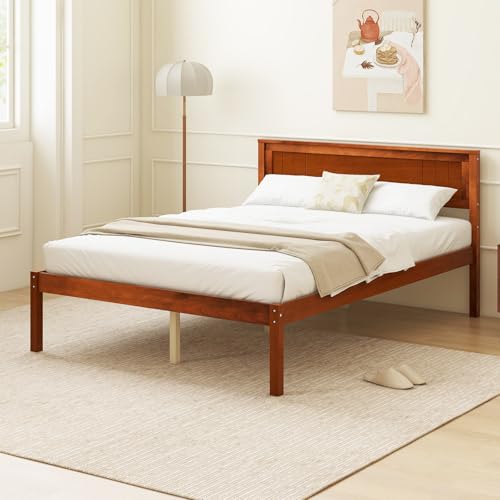 Image of GIANTEX Full Size Wood Platform Bed with Headboard, Mid Century Solid Wood Full Bed with Slat Support, Double Bed Frame with 16 inch Under Bed Storage, No Box Spring Needed, Easy Assembly, Walnut