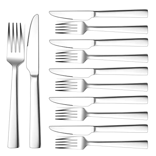 Herogo Couverts à steak, 12 pièces en acier inoxydable Set de couverts à steak pour 6 personnes, Argent Couteaux à steak et fourchettes à steak