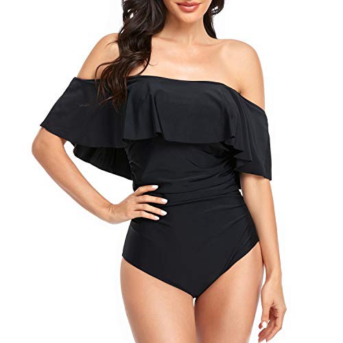 Smismivo Strapless Ruffle Off Shoulder One Piece Swimsuits for Women Vintage Modest Slimming Tummy Control Bathing Suit Black