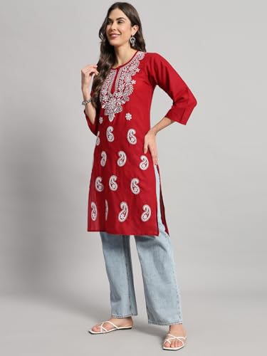 Image of FCH, Fashionable Chikan Handikraft Women's Cotton Lucknowi Chikankari Printed Straight Kurta for Regular Wear Girls Flared Kurta