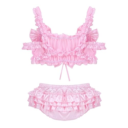 Yartina Men's Satin Lingerie Set 2pcs Bowknot Bra with Ruffled Panties Tank Tops Crossdresser Underwear3