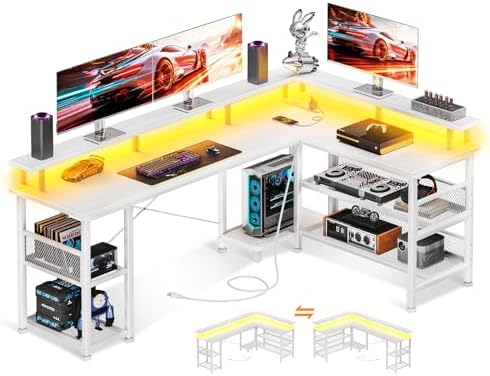 （22:30時点） AODK ゲーミングデスク パソコンデスク コンセント付き l字デスク 机 pcデスク LEDライト付き 勉強机 棚付き オフィスデスク 幅150 ワークデスク 桌子 在宅勤務 事務机 組立簡単 ホワイト