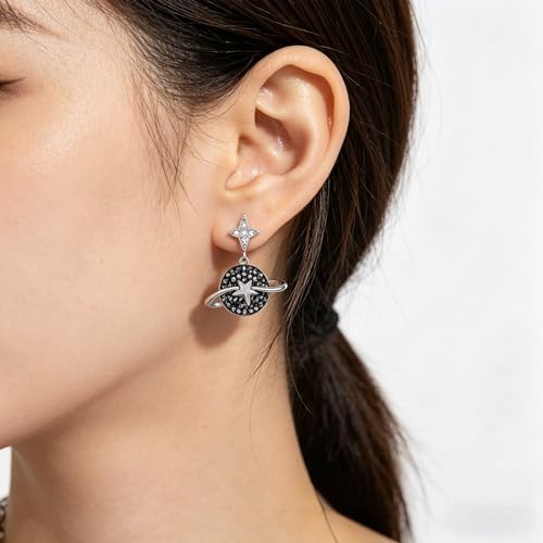 Sylph Silver Saturn Earrings for Women, Planet Star Cubic Zirconia Jewelry — view 5