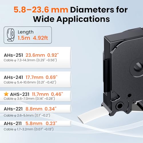 Image of Label KINGDOM Heat Shrink Tubing Label Replacement for HSe231 Brother Label Maker Tape Black on White 12mm 1 /2 inch Label Tape for Wire Cable Fits P Touch PT-D210 PT-D400 PT-E300 PT-E500, 6-Pack