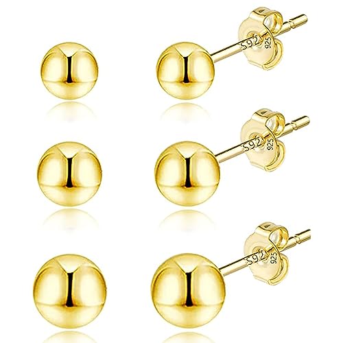 Hmzidz 3 Pares Pendientes Bola Plata de Ley 925 para Mujeres Hombres,Pequeños Conjunto de Aretes,Pendientes de Boton Niña Oro,Pendientes Piercing Oreja Bolita Minimalistas Hipoalergénicos(Oro)