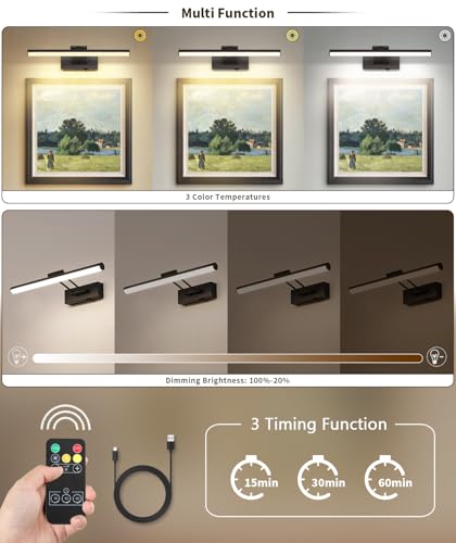 JOOSENLUX Battery Operated Picture Light Dimmable Wireless Gallery Lights Dual-Rods Swing Arm LED Wall Art Light 15.35" Black with Remote and Timed Off Wall Light — view 3