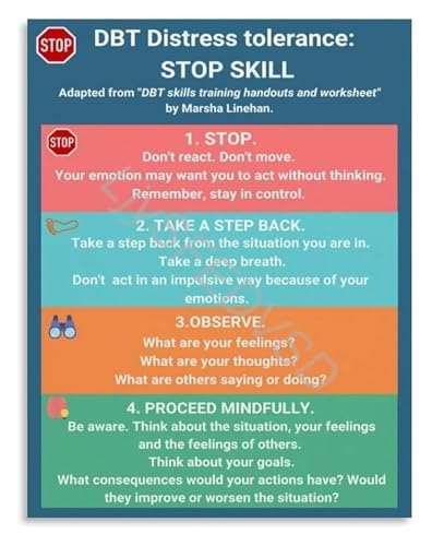 Counseling Office Decor DBT STOP Skill Poster Dialectical Behavior Therapy Technique For Emotional Regulation(Framed,12x18inch(3
