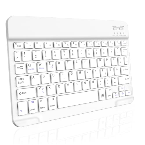 aoub Kabellose Tastatur mit deutschem QWERTZ Layout für iPad Pro/Air/Mini/iPad 11/10,9/10,5/10,2/9,7 Zoll/Samsung, Tablet, Android, Smartphones, Ultraflache tragbare Tastatur, Weiß