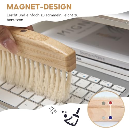 Megcdtr Tischbesen und Kehrschaufel Set, Mini Kehrblech und Handfeger, Magnetische Tischbürste aus Holz, Krümelbürste für Reinigen von Tischen Staub und Schmutz(Weiß 15 x 10.5 x 4 cm)