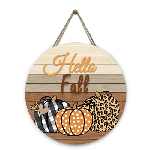 Dacawin Hello Fall Pumpkin Wooden Door Signs Autumn Harvest Sign Front Door Decor Plaid Pumpkin Farmhouse Door Hanger Decorations for Home Front Door Wall Office Decor