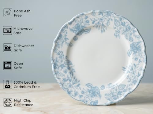 Image of Bodhi House 4-Piece Blue Leaf White Porcelain Dinner Plates Set | Lightweight, Chip Resistant | Microwave & Dishwasher Safe | Elegant Tableware for Home Dining, Parties & Gifting