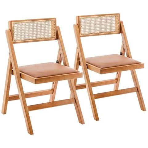 Awonde Wood Folding Chairs Set of 2 Mid Century Modern Accent Rattan Dining Chair for Kitchen Dining Room Living Room Patio Armless Foldable Chair Brown Cover
