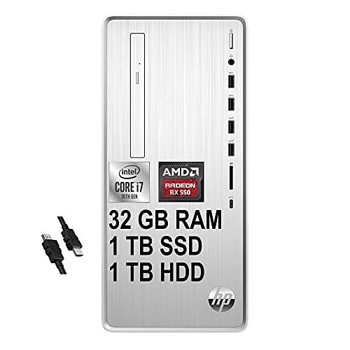 2021 Flagship HP Pavilion Gaming Tower Desktop 10th Gen Intel Octa-Core i7-10700F 32GB RAM 1TB SSD 1TB HDD AMD Radeon RX 550 4GB USB-C DVD-RW WiFi5 Bluetooth Win10 Silver + iCarp HDMI Cable
