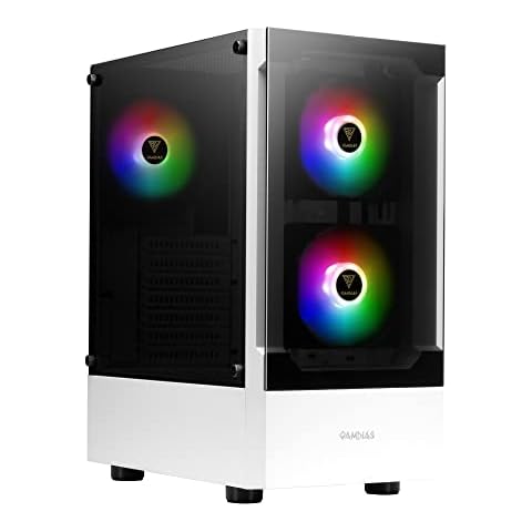 GAMDIAS White RGB Gaming ATX Mid Tower Computer PC Case with Side Tempered Glass Panel and a Magnetic Dust Filter & 3 Built-in 120mm ARGB Fans Cover