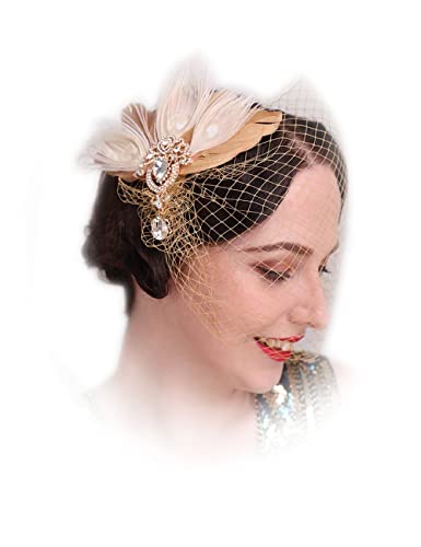 Aimimier 1920s Flapper Feather Hair Clip with Champagne Birdcage Veil Headpiece Prom Party Peacock Feather Fascinator for Women