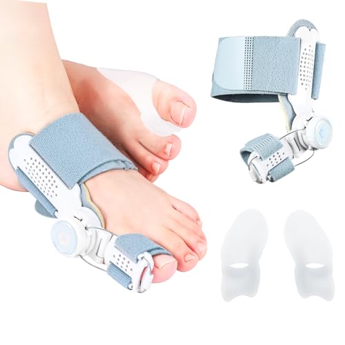 Hallux Valgus Korrektur Set für Damen und Herren, Upgrade Version mit Verstellbarer Hallux Valgus Schiene und Silikon Zehenspreizer für Daumen, Reduziert Hallux Valgus Belastung für Tag und Nacht