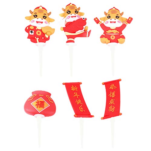 Vosarea Chinese Decor 5Pcs 2021 Happy New Year Yuanbao Bull Cow Cupcake Topper Fruit Appetite Muffin Pick For Ox Lunar New Year Festival Party Decor Wedding Decor #TOP23